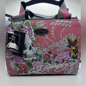 New Ed Hardy Denim Blue Skull Roses Rhinestones Tote Crossbody Bag Charms NWT